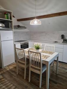 a kitchen with a table and two chairs and a kitchen with a stove at Appartement Proche Aéroport Bâle/Mulhouse in Blotzheim