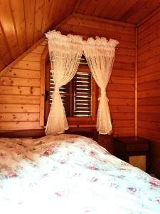 sypialnia z łóżkiem w drewnianym domku w obiekcie Dom Wypoczynkowy Windmill w mieście Kopalino