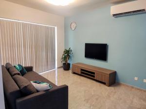 a living room with a couch and a flat screen tv at Deggies Apartments - spacious, modern apartment! in Naxxar