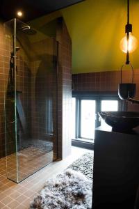 een badkamer met een douche en een wastafel bij Bijzonder stadshuis met diepe moderne tuin. in Alphen aan den Rijn