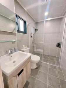 馬公市的住宿－一玖玖一民宿 1991，浴室配有白色水槽和卫生间。