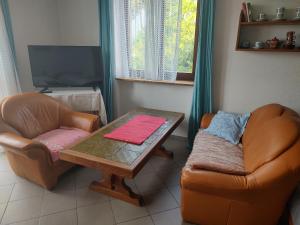 a living room with a couch and a table and a chair at Pension Nela in Klatovy