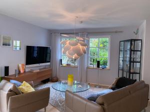 a living room with two couches and a tv at Ferienwohnung BONHEUR im Kunsthaus 