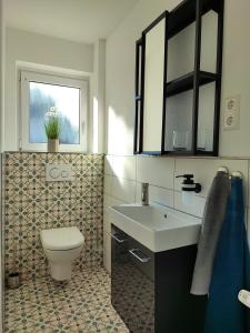 a bathroom with a toilet and a sink and a window at Muhrbach in Ottersweier