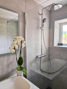 bagno con doccia e vaso con fiori bianchi di Charming Bella Hideout - Adults Only a Jesenice