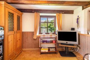 a living room with a television and a window at Ferien Alm Alfret in Herrischried