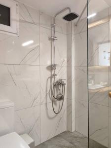 a shower with a glass door in a bathroom at Isidora Apartments in Zagora +38 photos