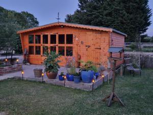 a small wooden shed with candles and potted plants at Cosy Riverside home in Llanwrda