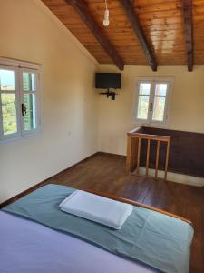 1 dormitorio con 1 cama y TV en Mani Hill House en Gytheio