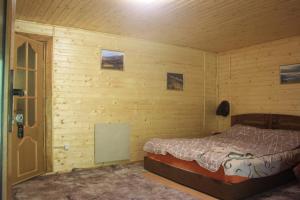 1 dormitorio con 1 cama en una habitación de madera en Zarinok, en Pilipets