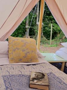a book sitting on top of a bed with a tent at The Toad's pad in Tiverton