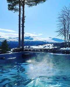 a swimming pool with snow covered mountains in the background at Panorama Logde Stryn, with Jacuzzi, Sauna and Spectacular Views! in Stryn