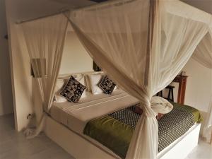 a bedroom with a canopy bed with curtains at Anda Amed Villas & Spa in Amed