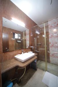 y baño con lavabo y ducha. en Bansi Home Stay, en Agra