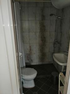 a bathroom with a toilet and a sink and a tub at Vila Chasovnikarov in Golden Sands