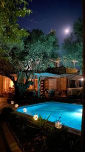 a swimming pool in a yard at night at Villa eco Electra in Nikiti