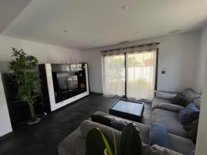 ein Wohnzimmer mit einem Sofa und einem TV in der Unterkunft Grande maison à 5min de la plage in Canet-en-Roussillon