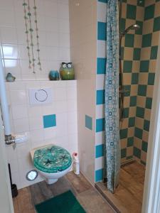 a bathroom with a toilet and a shower at Unia's Verhuur in Zoutelande