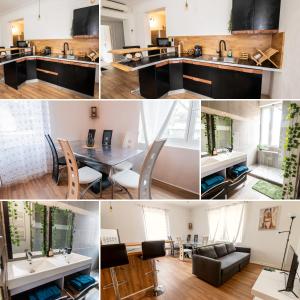 a collage of photos of a kitchen and living room at appart de charme a 2 pas du centre de Montbrison in Montbrison