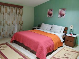 sypialnia z dużym łóżkiem i pomarańczowym kocem w obiekcie Beautiful 1-Bed House in Korce w mieście Korcza