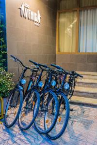 eine Gruppe blauer Fahrräder, die vor einem Gebäude geparkt sind in der Unterkunft Hotel Avenida in Benicàssim