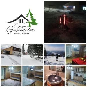 un collage de photos d'une maison dans la neige dans l'établissement Casa Gemenelor, à Cluj-Napoca
