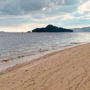 a beach with an island in the water at Piso Corazón de las Rías Baixas in Poio