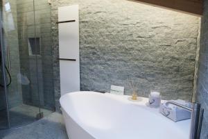 a bathroom with a shower and a toilet and a sink at Hotel Sarain Active Mountain Resort in Lenzerheide