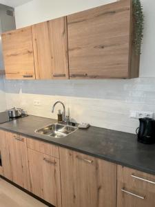 a kitchen with a sink and wooden cabinets at Camping Lagewald Vakantiehuis in Groesbeek