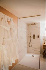 La salle de bains est pourvue d'une douche avec une porte en verre. dans l'établissement chambre d'hôte doux moment spa privatif, à Maresches