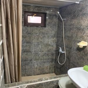 W łazience znajduje się prysznic i umywalka. w obiekcie Sofya w mieście Sighnaghi