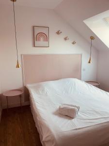 a bedroom with a white bed with two tables and two lights at Logement A / Clos des Saunières in Bligny-lès-Beaune