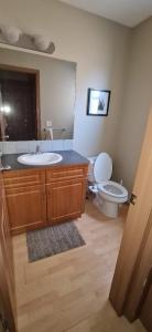 a bathroom with a sink and a toilet at Spacious comfortable Air-Conditioned. Near airport! in Calgary