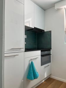 a kitchen with white cabinets and a green wall at Mayenzett 24 in Leukerbad