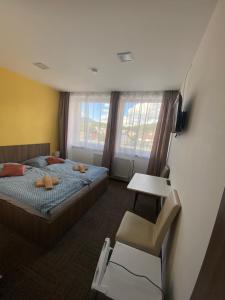 1 dormitorio con 1 cama, 1 silla y ventanas en Penzion Teplanka, en Považská Bystrica