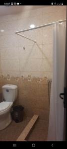 łazienka z toaletą i zasłoną prysznicową w obiekcie new garni 1 w Garni