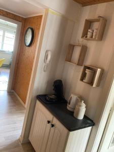een keuken met een aanrecht en een klok aan de muur bij La Bresse, 50 m du centre ville, appartement 4-6 personnes in La Bresse