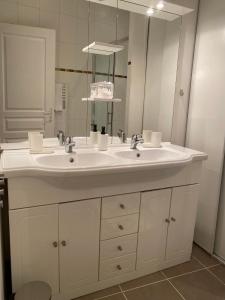 Un baño con un lavabo blanco y un espejo. en Ground Floor - Hauseman Building close to Thermes, en Luchon