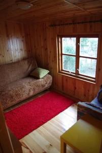 mały pokój z kanapą i czerwonym dywanem w obiekcie Okuninka Domek nad brzegiem jeziora Białe w Okunince
