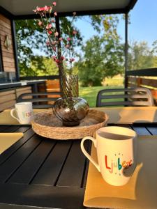 uma mesa com uma chávena de café e um vaso em BB HOUSE KOLPA RIVERSIDE em Metlika