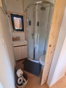 a small bathroom with a shower and a toilet at Eco Lodge Villa das Alfarrobas com Piscina in Algoz