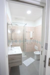 uma casa de banho com um chuveiro, um lavatório e um WC. em Il Giglio em Castel Volturno