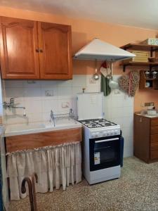 een kleine keuken met een fornuis en een wastafel bij LA MIA CASA DI CAMPAGNA MARIA in Santa Giustina
