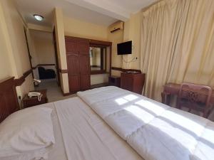 a bedroom with a large white bed and a television at Moshi Leopard Hotel in Moshi