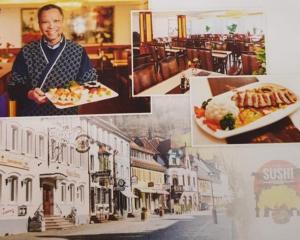 a collage of pictures of a man holding a plate of food at Hotel Hanoi in Wolfach