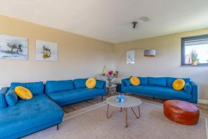 a living room with two blue couches and a table at Natuurvilla 14 Westerkolk in De Waal