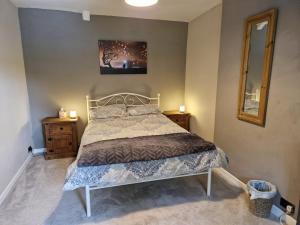 a bedroom with a bed and two night stands at Cosy Riverside home in Llanwrda