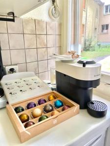 a box of colored eggs sitting on a kitchen counter at Suite 505 nel cuore di Zurigo in Zürich