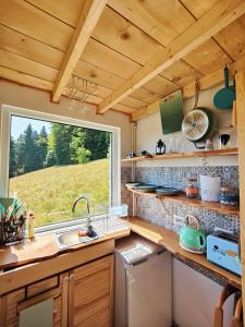 a kitchen with a sink and a window at Rainbow Chalet in Bran