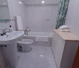 a bathroom with a sink and a tub and a toilet at Alojamiento Rural Casa Ezkerra in Irurre +15 photos